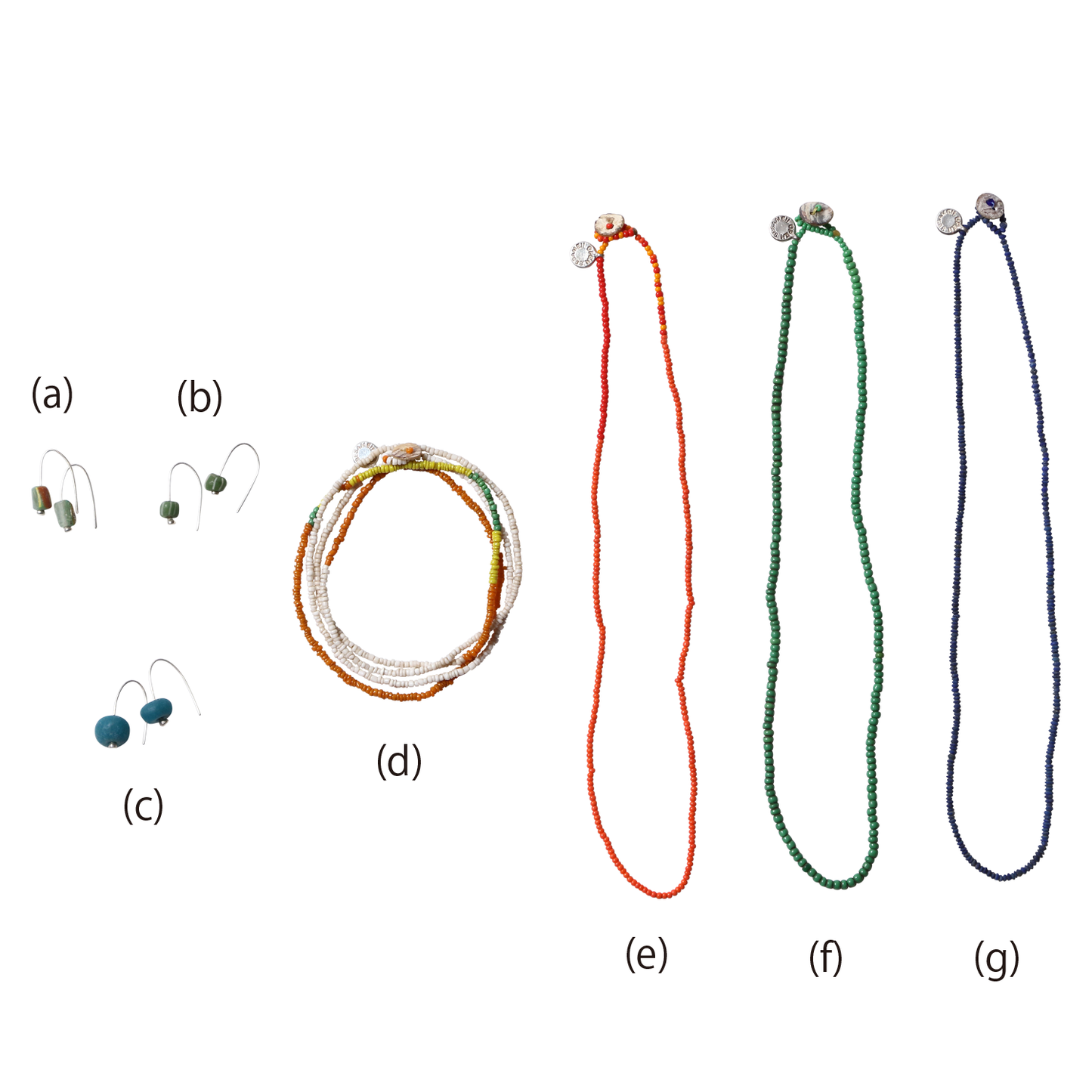 (a)(b)(c)PIERCE、(d)JUMULA MIX LONG NECKLACE、(e)NAGALAND ORANGE NECKLACE(f) NAGALAND GREEN NECKLACE (g)LAPIS LAZULI NECKLACE