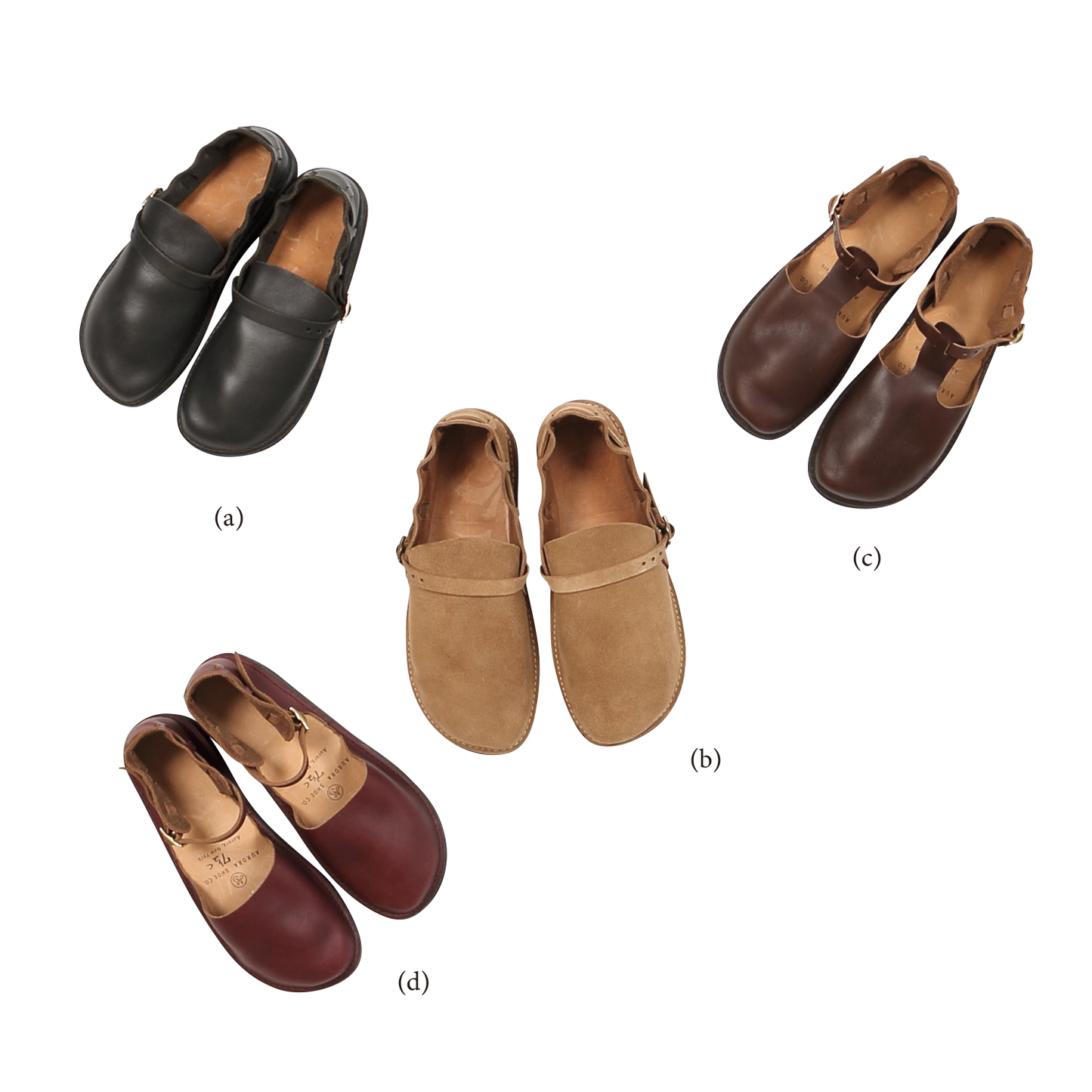 (a)Middle English_blk,(b)Middle English_natural rough out,(c)T-Strap_brown,(d)Mary Jane_burgundy