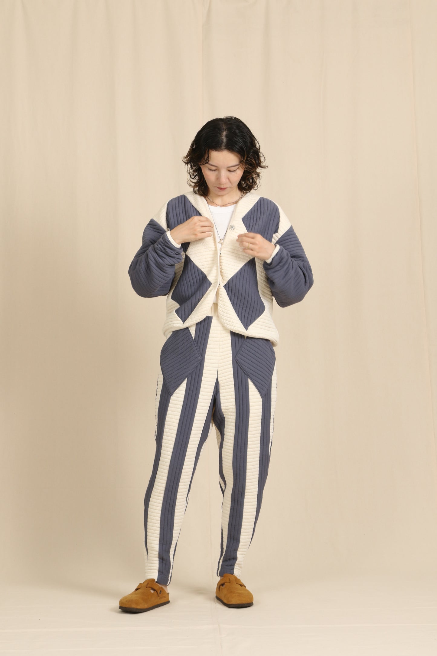 Quilt border argyle cardigan / Quilt border pants