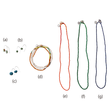 (a)(b)(c)PIERCE、(d)JUMULA MIX LONG NECKLACE、(e)NAGALAND ORANGE NECKLACE(f) NAGALAND GREEN NECKLACE (g)LAPIS LAZULI NECKLACE