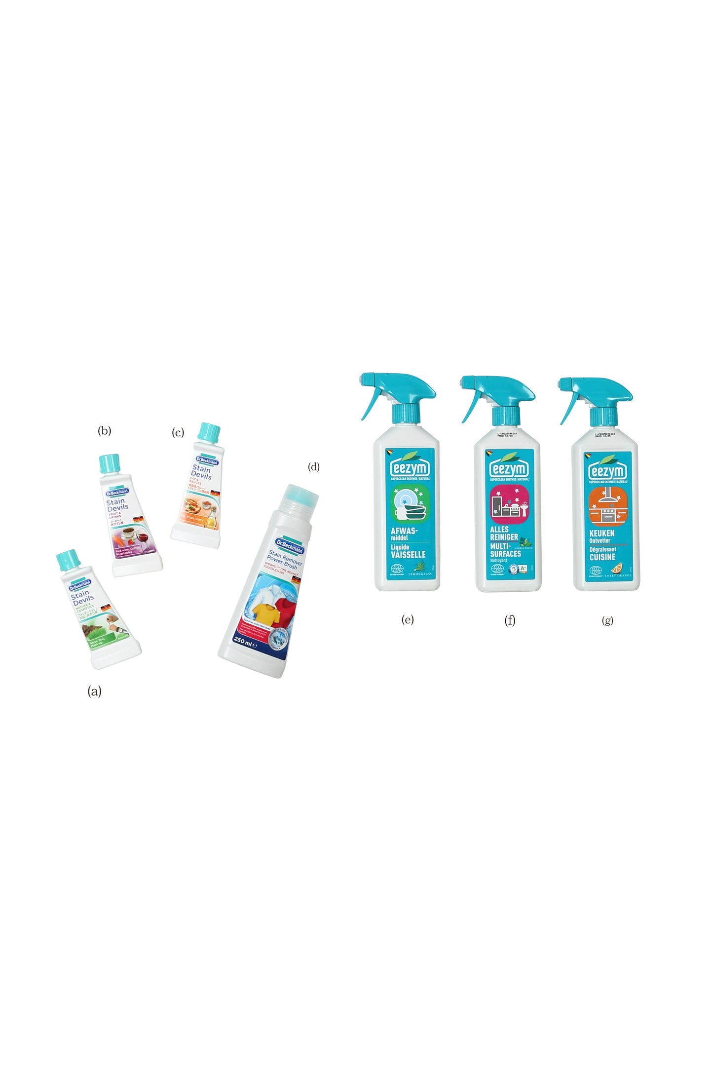 ＊Dr.Beckmann Stain Devilsシミ取り(a)ファンデーション、口紅用 (b)コーヒー、赤ワイン用 (c)食用油、カレー、トマトソース用 (d)プレウォッシュ 襟、袖用シミ取り ＊Eezym (e)酵素洗剤食器用泡スプレー (f)酵素マルチクリーナー (g)酵素キッチンクリーナー　油汚れ用